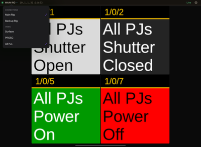 CyberDeck's connection menu open over a surface, listing a main and a backup rig.