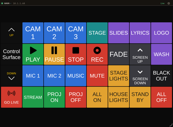 CyberDeck on iPad, showing a Companion page of color-coded camera, playback, audio, and lighting buttons with live state.
