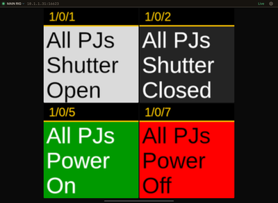 A custom dashboard combining projector shutter and power buttons from multiple Companion pages.