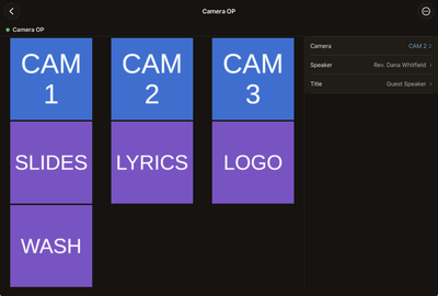 DeckHand running the Camera OP role on iPad: seven buttons labelled CAM 1, CAM 2, CAM 3, SLIDES, LYRICS, LOGO, and WASH, beside a panel of show variables for camera, speaker, and title.