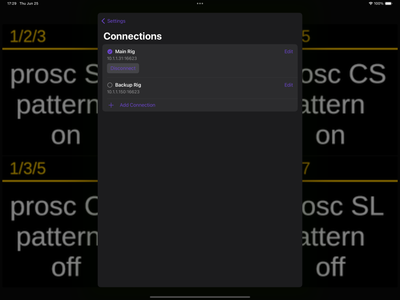 CyberDeck's connections settings, showing several saved Companion connections.