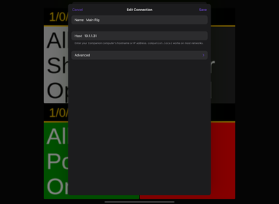 CyberDeck's connection editor, showing a name and host field for the Companion computer.