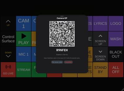 CyberDeck's publish sheet on iPad, showing a role's QR code and its 6-character pairing code over the button grid.