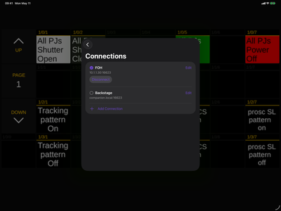 CyberDeck's connections settings, showing several saved Companion connections.